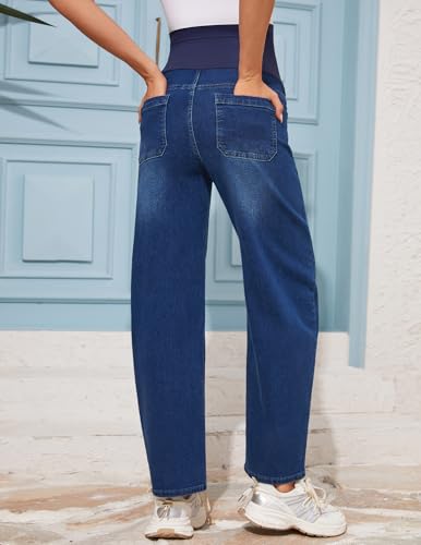 POSHGLAM Maternity Jeans Over Belly Barrel Jeans Wide Leg Pregnancy Denim Pants - color: Dark Blue, size: Medium