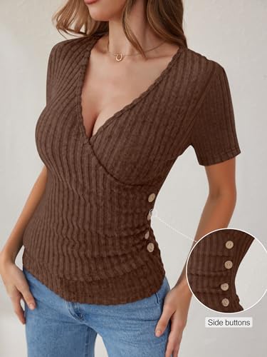 ANRABESS Women Short Sleeve V Neck Shirts - color: Brown, size: X-Large
