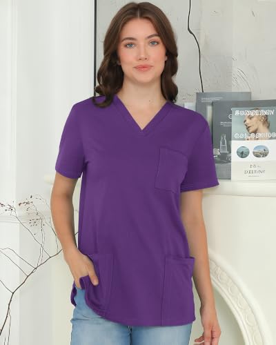 Womens Short Sleeve Tops V Neck T Shirts with 3 Pockets Tees - color: Dark Purple, size: Small