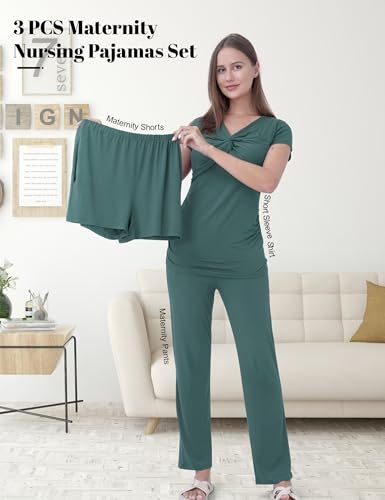 3-Piece Maternity Nursing Pajamas Set for Pregnancy & Postpartum - color: Teal, size: Large