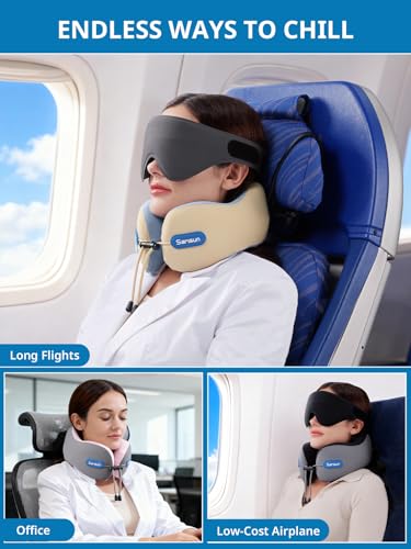 SARISUN Travel Pillow for Airplane,Seat Strap for Neck Support,3D Eye Mask - color: Grey&pink