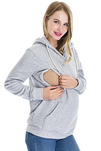 Smallshow Women's Fleece Maternity Nursing Sweatshirt Hoodie Kangaroo Pocket - color: Light Grey, size: Small