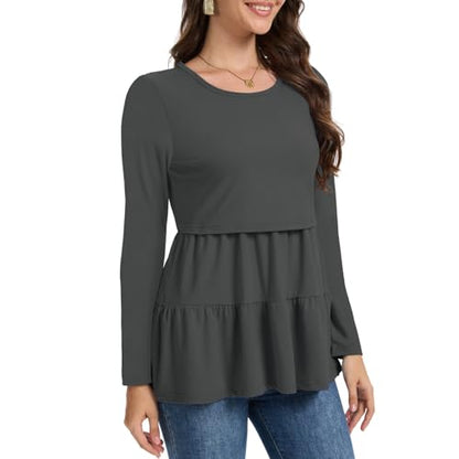 Bearsland Long Sleeve Nursing Top - color: Black & Iron Gray & Tea Brown, size: Large