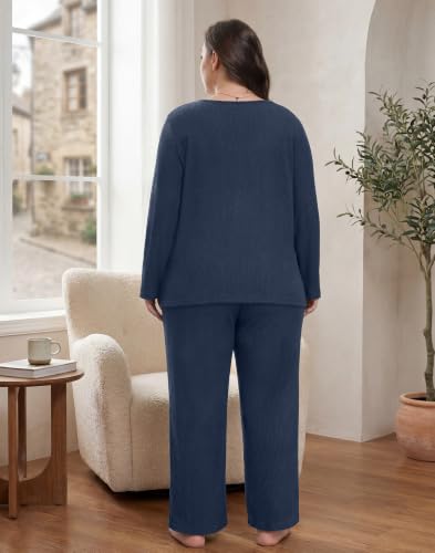 Plus Size Pajama Set for Women Long Sleeve Loose Fit Loungewear - color: Navy Blue, size: 3X-Large Plus