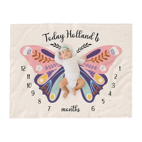 Pesonalized Baby Milestone Flowers, Boho Butterfly Wings Infant Monthly Milestone Blanket, Infant Calendar Throw,Custom Newborn Name Throw, Baby Birthday Blanket'S, Newborn Shower Gift - color: Butterfly Wings Infant Monthly
