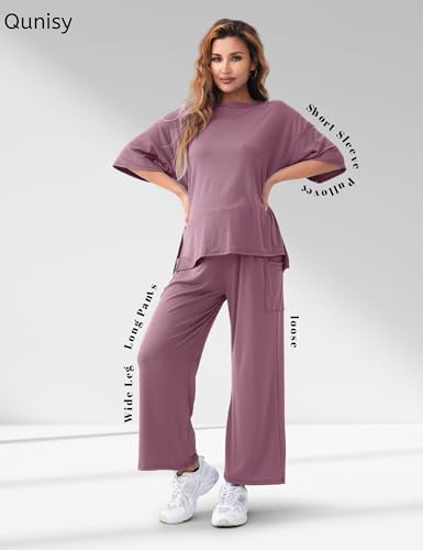 Maternity Lounge Set, 2 Piece Matching Set with Wide Leg Pants - color: Purple, size: Large