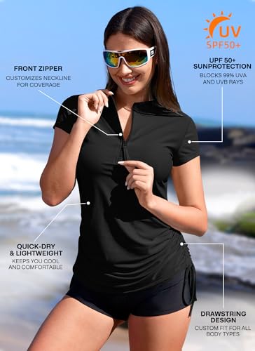 BesserBay Women's Rash Guard UPF 50+ Ruched Swim Shirt 1/4 Zip Performance Top S-XXL - color: Black, size: Medium
