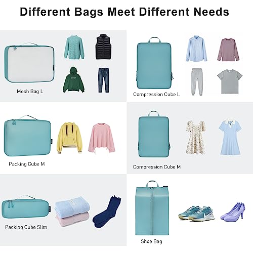 Bagail Ultralight Compression Cubes 7 Set - 3 Packing Cubes, 3 Organizers, and 1 Shoe Bag - color: The Dusty Blue, style: Cloth Pattern