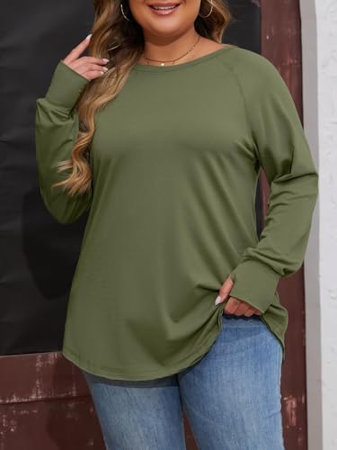 Womens Plus Size Long Sleeve Tunic Tops Crew Neck Oversized Fit T Shirts - color: Army Green, size: X-Large