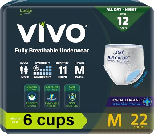 VIVO Organic Cotton Sensitive Skin Overnight Adult Incontinence Pullup Underwear, Women & Men, Medium 22 Count - size: Medium (22 ct), style: Pullup Underwear
