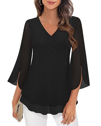 Timeson Women's 3/4 Sleeve Floral Blouses Shirts - color: Black, size: Medium