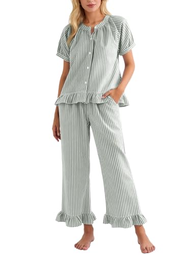 Flygo Womens Striped Pajama Sets Cotton 2 Piece Ruffle Lounge Pjs - color: Darkgreen, size: Large