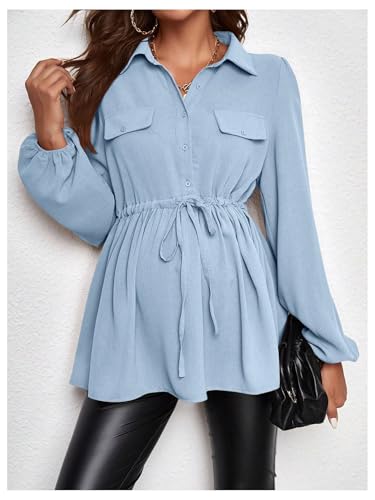 MakeMeChic Women's Maternity Blouse Long Sleeve Belted Button Down Tops - color: Blue, size: X-Small
