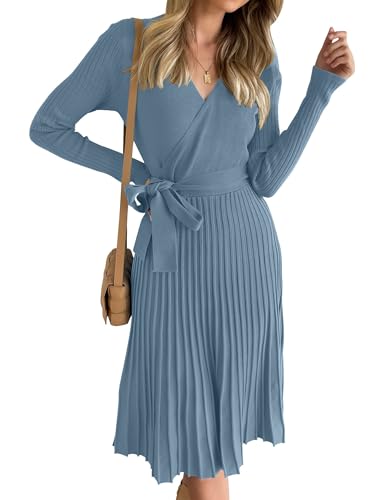 ZESICA Women's Long Sleeve Wrap Sweater Midi Dress with Belt - color: Dustyblue, size: X-Large