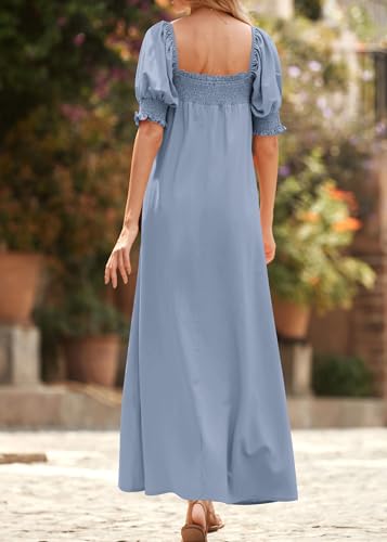 KIRUNDO Women Summer Maxi Dress Puff Sleeve Long Dresses - color: Blue Grey, size: Medium