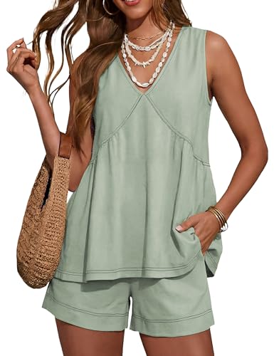 Hooever Women's 2 Piece Outfits Sleeveless V Neck Ruffle Sets Summer Contrast Stitching Tunic Top Matching Shorts - color: Greygreen, size: Medium