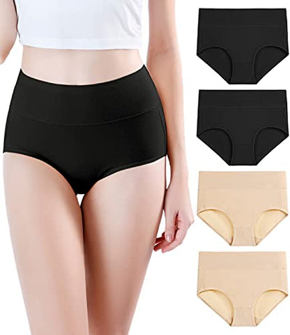 wirarpa Women's Modal Underwear Soft High Waist Briefs Ladies Panties 4 Pack - color: Black/Beige, size: Medium
