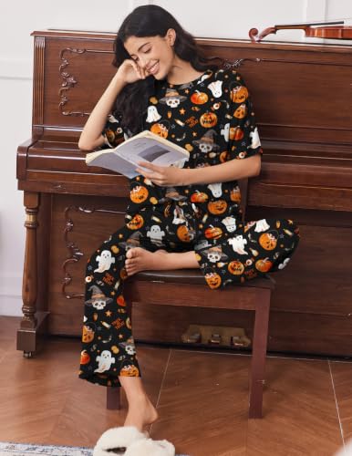 Ekouaer Lounge Sets for Women Soft Comfy Pajama Set 2 Piece Outfits - color: Black Halloween, size: Large