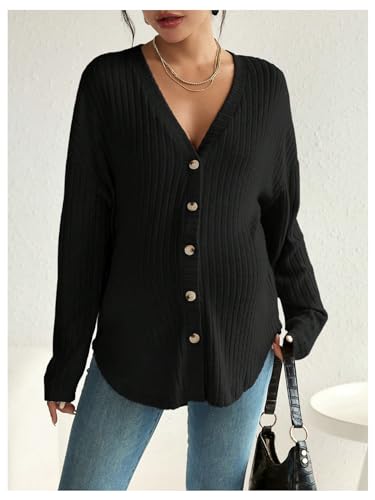 MakeMeChic Women's Maternity Shirts Knit Button Down Nursing Top - color: Black, size: Medium