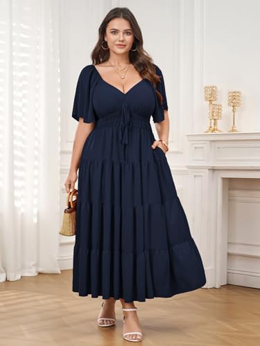 Plus Size Casual Summer Boho Maxi Long Dresses for Curvy Women - color: Navy Blue, size: 3X-Large Plus