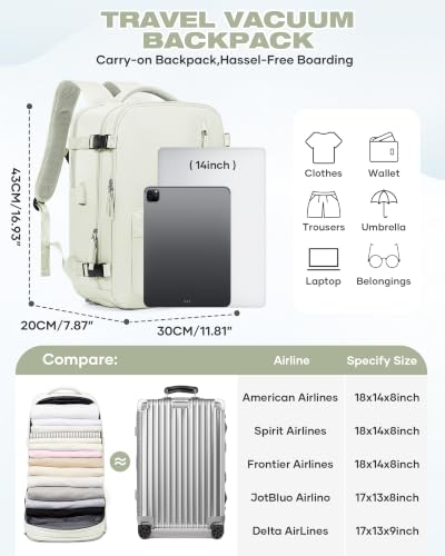 suradar Vacuum Seal Travel Backpack Built-in Pump,Air Compression System Vacuum Vacpack Backpack Travel Bag for Women Men Carry On Suitcase Luggage Laptop Airlines Approved Space Saver Bags White - color: A12-white