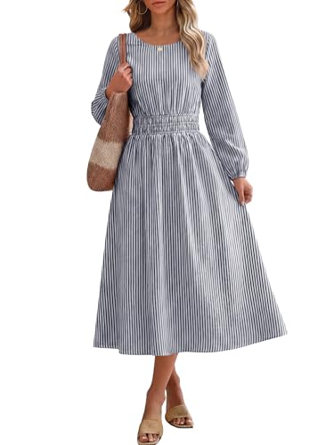 ANRABESS Women's Long Sleeve Striped Fall Midi Dress with Pockets - color: Navy White Stripe, size: Medium
