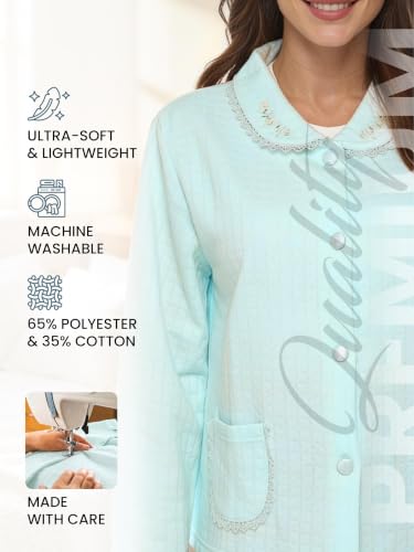 Casual Nights Women's Soft Bed Jacket, Button Front Long Sleeve Sleep Top with Pockets - color: Mint Green, size: Small