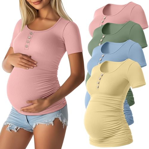 4 Pack Maternity Shirts for Women - color: Light Yellow, Light Blue, Gray Green, Light Pink, size: Medium
