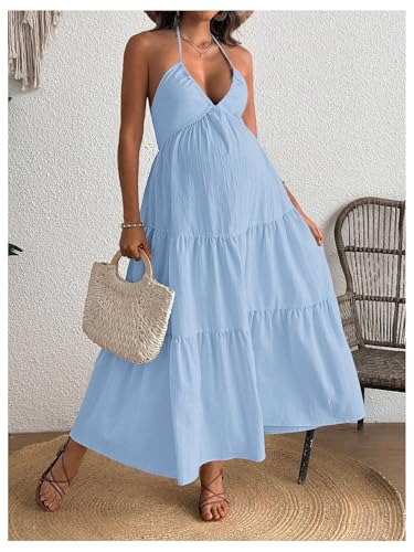 OYOANGLE Women's Summer Boho Maternity Dress Halter Flowy Baby Shower Dress - color: Light Blue, size: Large
