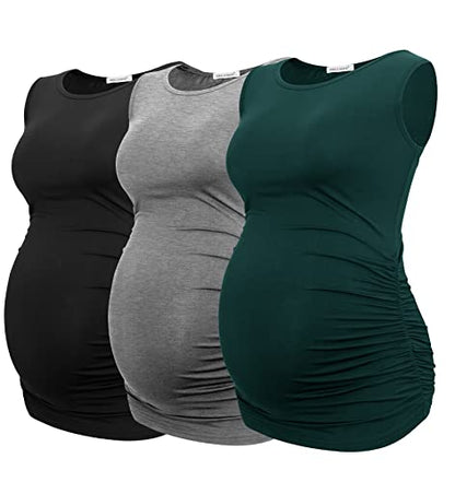 Smallshow Women's Maternity Tank Tops Sleeveless Ruched Pregnancy Clothes 3-Pack - color: Black/Light Grey/Deep Green, size: Small