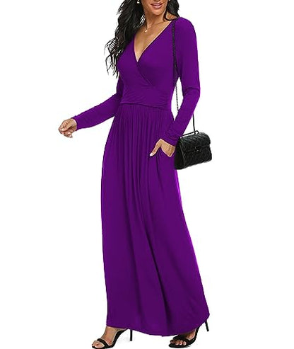 LILBETTER Women Long Sleeve Deep V Neck Loose Plain Long Maxi Casual Dress - color: Purple, size: Large