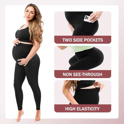 SINOPHANT Maternity Leggings with Pockets Over Belly Yoga Pants - color: Navy Blue, size: Large