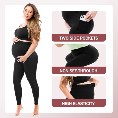 SINOPHANT Maternity Leggings with Pockets Over Belly Yoga Pants - color: Grey, size: Large