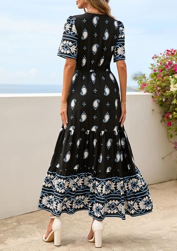 PRETTYGARDEN Womens Short Sleeve Boho Maxi Dress - color: Black White Flower, size: Large