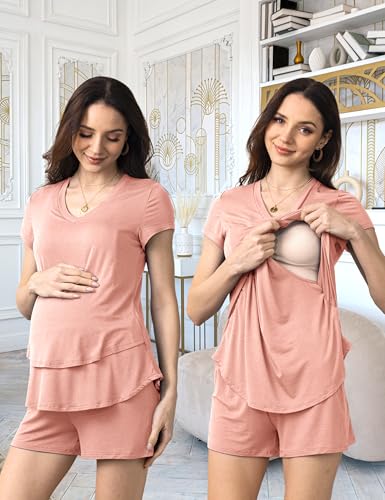 SUNNYBUY 3 PCS Maternity Breastfeeding Pajamas Set with Hidden Nursing Top - color: Pale Pinkish Purple, size: Medium