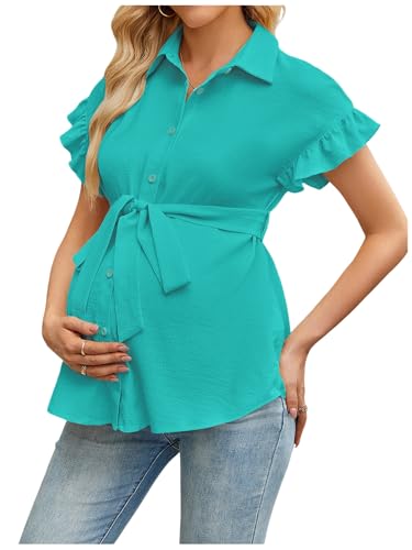 MakeMeChic Women's Maternity Nursing Work Blouse Pregnancy Ruffle Tops - color: Green, size: X-Small