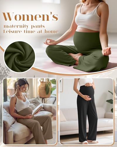 3 Pack Women's Maternity Lounge Pants with Pockets - color: Black, Army Green, Coffee, size: Large