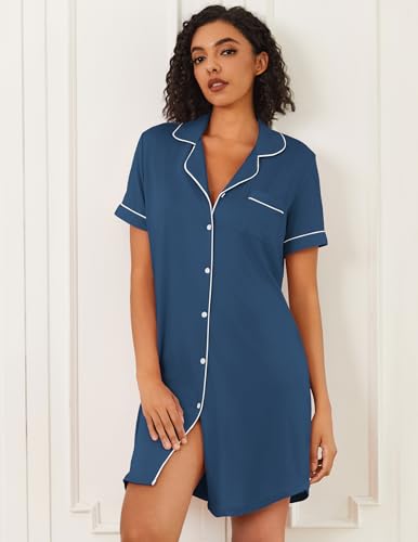Ekouaer Nightgowns for Women Bamboo Viscose Button Down Sleepshirts - color: Blue, size: X-Large