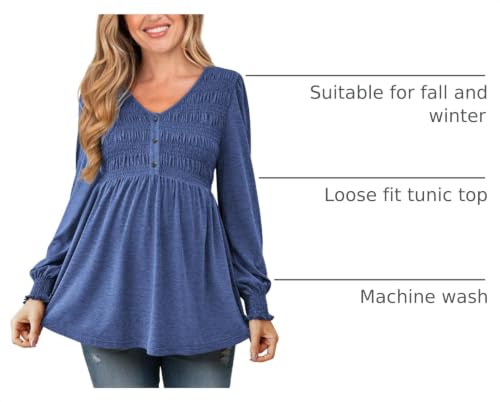 FMEYOA Maternity Tops V Neck Puff Sleeve Smocked Button Maternity Shirts - color: Blue, size: Small