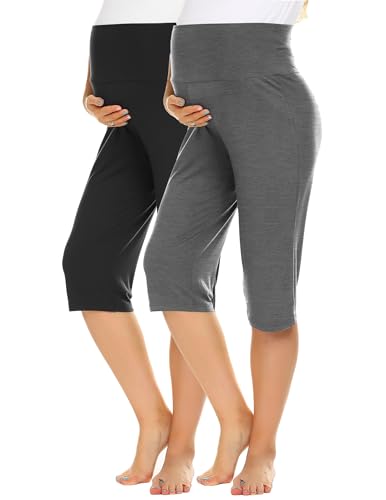 Ekouaer 2 Pack Maternity Capris Pregnancy Cropprd Pants Summer Shorts - color: Black/Dark Grey, size: Medium