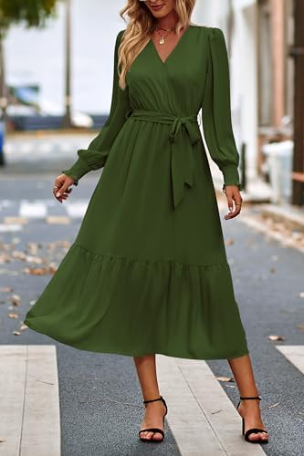 PRETTYGARDEN Women's Floral Boho Long Sleeve Maxi Dress - color: Solid Army Green, size: XX-Large