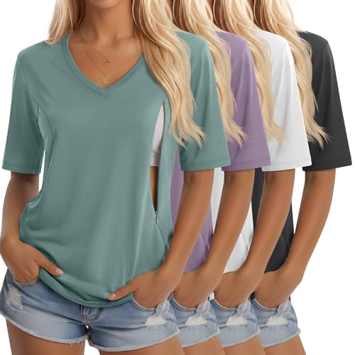 4 Pack Women Nursing Shirts Breastfeeding Tops - color: Gray Green, Taro Purple, White, Dark Gray, size: Medium