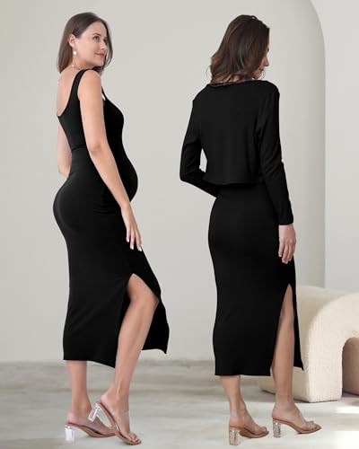 2 Piece Baby Shower Maternity Dress & Cardigan Set for Women - color: Black, size: Medium