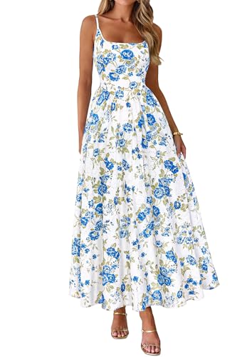 PRETTYGARDEN Women's Summer Boho Maxi Dress A Line Eyelet Floral Sundresses - color: Floral Blue, size: X-Small