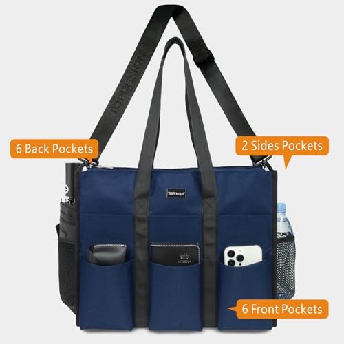 TOPDesign Utility Water Resistant Tote Bag with 22 Pockets, Zipper Closure - color: Blue, size: Medium