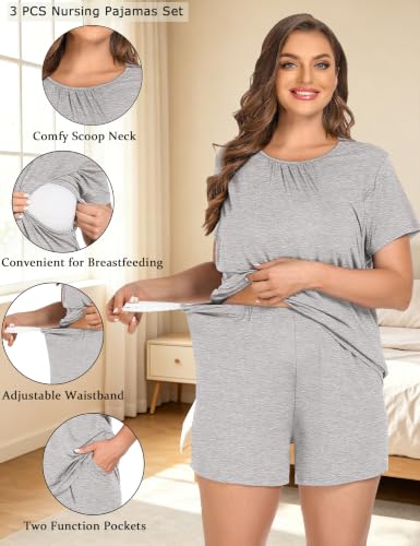 SWOMOG Women 3Pcs Maternity Pajama Set Nursing Pjs Pregnancy Set Breastfeeding Pjs Double Layer with Pockets - color: Grey, size: Medium