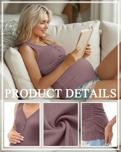 3 Pack Women Maternity Henley Tank Tops - color: Black, Khaki, Gray Purple, size: Medium