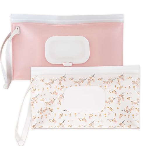 Wipe Dispenser and Wipes Container, 2 Pack Reusable Wipes Holder and Travel Wipes Case, Refillable Pouch for Baby Essentials, Pink & Leaf Design (pink) - color: pink