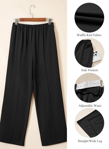 BLENCOT Women's Maternity Pants Work Adjustable Waisted Wide Leg Waffle Knit Trousers Pregnancy Clothes with Pockets - color: Black, size: Small