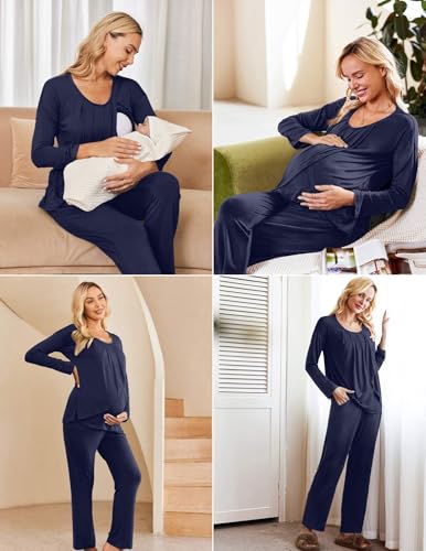 Ekouaer Maternity Nursing Pajama Set Long Sleeve Breastfeeding Sleepwear - color: Navy Blue, size: X-Large